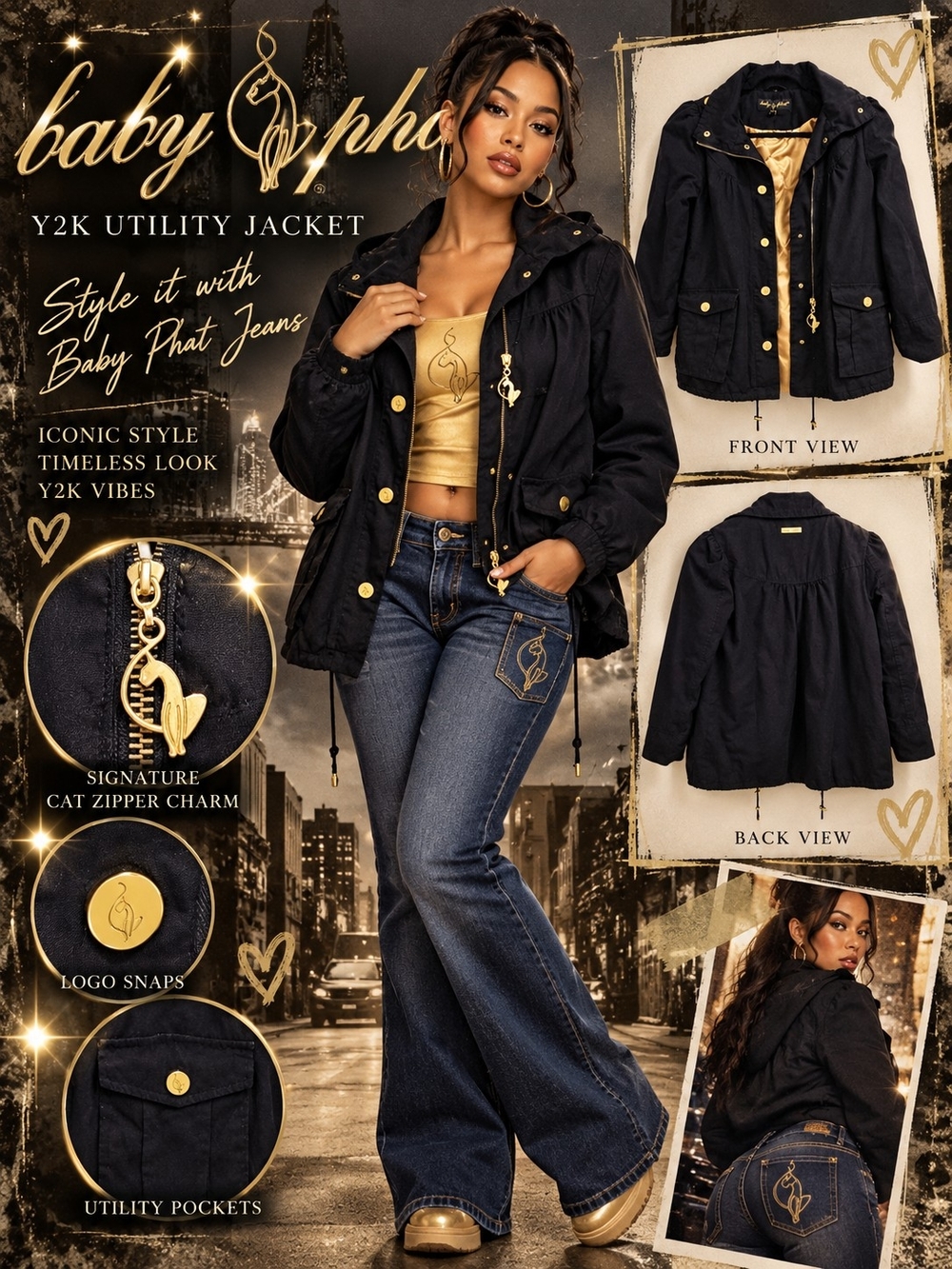 Vintage Y2K Baby Phat Black Utility Parka Jacket Gold Hardware M
